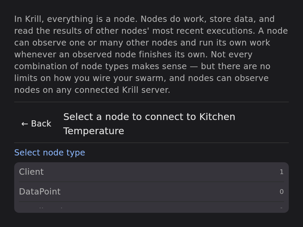 Connect Nodes wizard step 1 — explainer and node picker