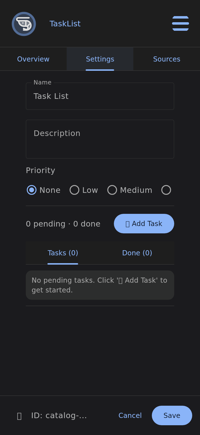 Task list settings screen